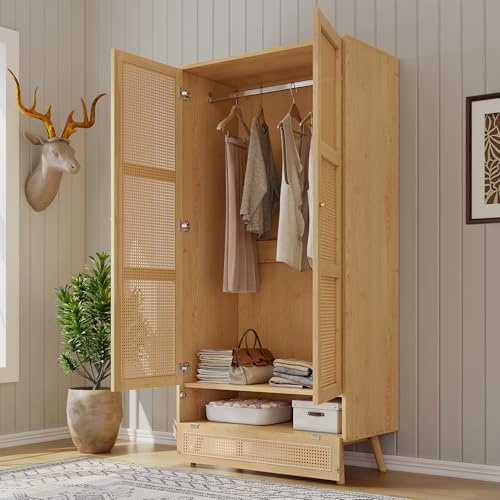 Kebnor Armario con barra, armario de 2 puertas, dormitorio, red de ratán, sala de estar, con tapa abatible inferior, aglomerado+ratán PE, naturaleza