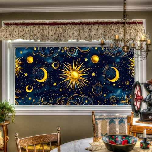 HOMETITUTE Stained Glass Window Film Star Moon Sun Pattern Decorative Window Cling 39.37×17.71 Inches Anti UV Static Cling Glass Film Non Adhesive Removable Window Decal for Home Decor