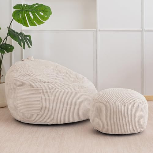 MAXYOYO Cord Bean Bag Chair with Footstool for Children, Beanbag Sofa & Pouffe with Foam Filling, Lazy Lounge Chair with Handle for Living Room Bedroom Gaming Reading Relaxing