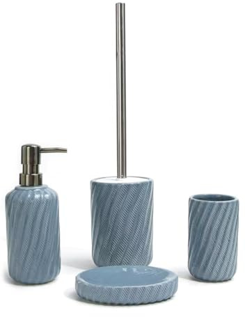 BM Set Accessori Bagno 4 Pezzi in Ceramica con Motivo in Rilievo – Dispenser Sapone, Bicchiere, Porta Sapone, Scopino WC in Acciaio Inox – Design Elegante Blu Grigio
