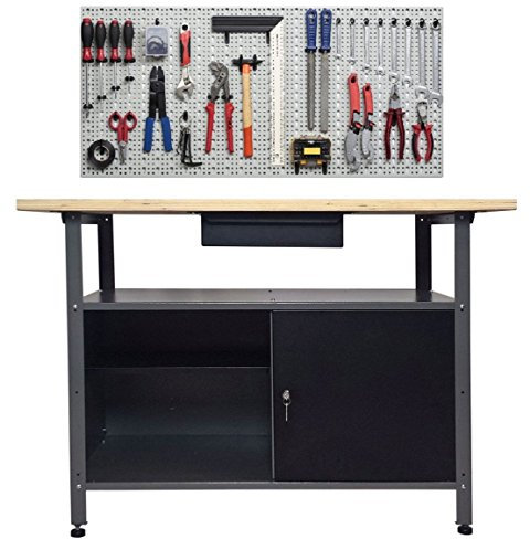 Kreher XL Werkstatt mit Werkbank 120 x 60 x 85 H cm mit einer Tür und Schublade sowie XXL Werkzeugwand 120 x 46 mit Haken Set 52 Teile. Aus Metall, solide Ausführung!