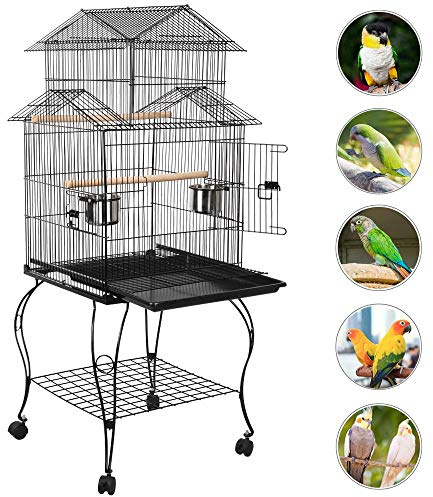 Yaheetech Cage Oiseaux avec Toiture Triple-A Cage sur roulettes avec Support Détachable pour Grosse Perruche à Collier/Conure Veuve/Conure à Joues Vertes/Calopsitte Inséparable/Conure Soleil