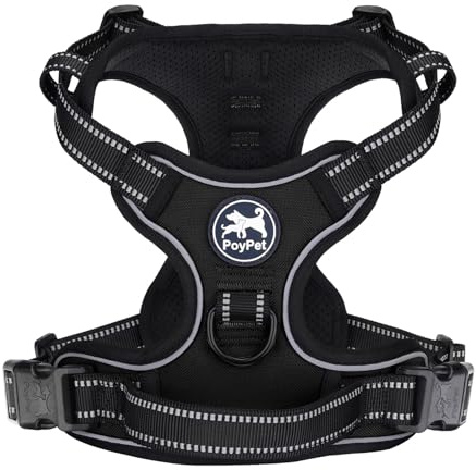 PoyPet No Pull Dog Harness, Reflective Vest Harness with 2 Leash Attachments and Easy Control Handle for Small Medium Large Dog(Black,M)