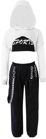 Freebily Träningsoverall för flicka 3 delar huvtröja + sport-bh + sportbyxor metallkedja ballerina jazz hiphop dans modern streetwear, Vit, 13-14 anni