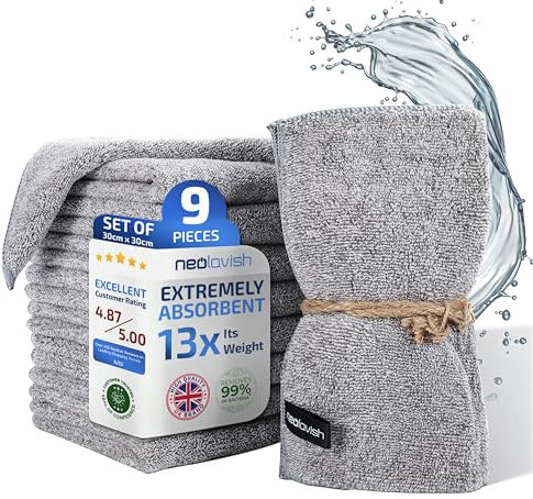 NeoLavish Microfasertücher 30x30 cm – 9er Set 13x Saugstarke Microfaser Putztücher und Putzlappen Küche – Waschbare Reinigungstücher aus Mikrofaser – Lappen Grau für Haushalt und Bad