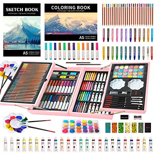KINSPORY Maletin Pinturas para Niños, 139 piezas Juegos de Dibujo, Acuarelas Lapices con caja de madera (Rosa Claro)