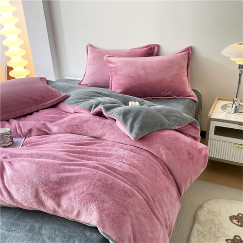 Morbuy Bettbezüge aus Samt, Plüsch Solide Farbe Bettbezug Cashmere Touch Winter Warme Flauschig Flanell Zweiseitige Fleece Bettwäsche Deckenbezug mit Reißverschluss (150x200cm,Rosa + Grau B)