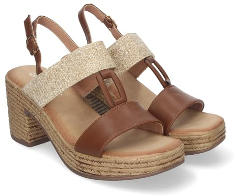 83181 Sandalia de Verano para Mujer, con Tacon Estilizado y Detalles Elegantes, Cierre Hebilla Ajustable, Confortables. Camel Talla 38