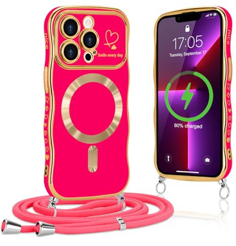 Lafunda Handykette für iPhone 13 Pro Max hülle mit Band Magnetisch Handyhülle Süß lockige Wellen Rahmenform Schutzhülle Liebe Plating Case mit Kordel zum Umhängen für iPhone 13 Pro Max Rosarot