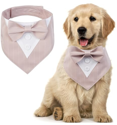 MHaustlie Tuxedo Bandana per Cani - Regolabile Dog Neckerchief con Foulard e Papillon Formale per Cani Piccoli e Grandi (XS, strisce rosa)