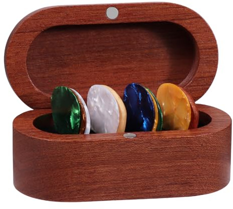 Walnut Guitar Plectrum Holder Set with 2 Color Wood Plectrums and 8 Celluloid Plectrums (4 Thicknesses),Mini Jewelry Box,Brown Wooden Trinkets,Box Size 3.35 * 1.77 * 1.57 inch (Wood color)