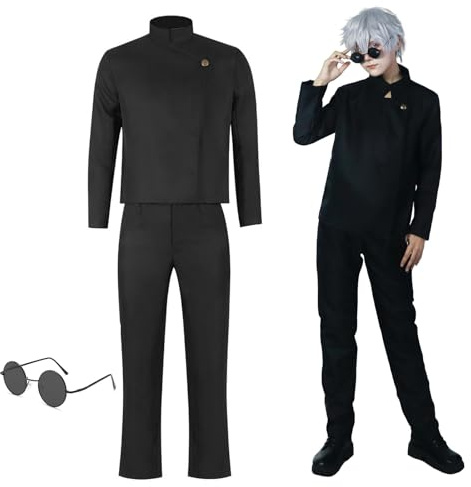 MeYuxg Disfraz de Gojo Satoru, Uniforme Escolar Chaqueta con gafas, Negro, Hombre, Adulto, Anime, Cosplay, Carnaval, Halloween, S