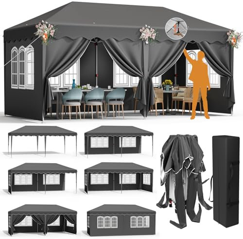 3x6m Tonnelle de Jardin Pliable, Barnum Pliant Extérieur avec 4 Parois Amovibles et 6 Sacs de Sable,Tonnelle Pop-up de Imperméable, Anti-UV 50+, Reception Fête Camping Plage Mariag (Noir)