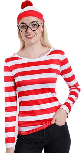 Carnavalife Disfraz Wally con gafa y gorro donde esta waldo disfraz hombre mujer unisex Carnaval Halloween Veneciana Gondola (S/M, Mujer)
