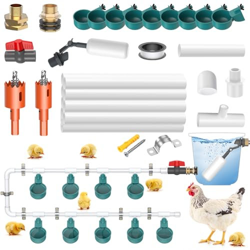 DIY Hühnertränke Tränke Hühner Set, Komplettset Automatische Geflügeltränke für Geflügel Mit mit 9 Pcs Trinkbecher, 10 Pcs Wasserleitung, Kugelhahn, Adapter aus Reinem Kupfer, Wasserdichtes Klebeband