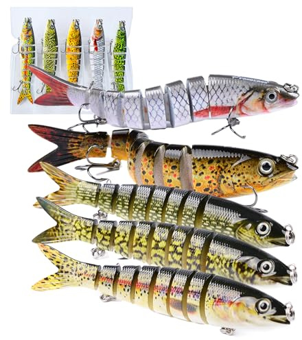 RoseFlower Set de 5 Señuelos - Señuelos de Pesca Multiarticulados de 8 Segmentos de Hundimiento Lento para Agua Dulce y Salada, Accesorios Ideales para la Pesca con Mosca y la Pesca en Mar