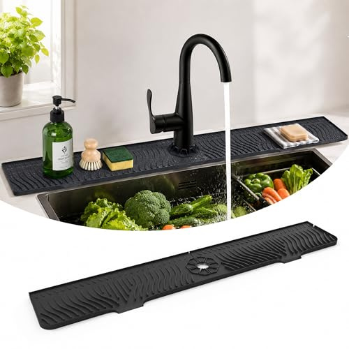 Techson 33 Inch Sink Splash Guard Mat – Extra Long Silicone Faucet Drip Catcher Tray for Kitchen & Bathroom, Quick-Dry Splash Protector for Countertop (Black)
