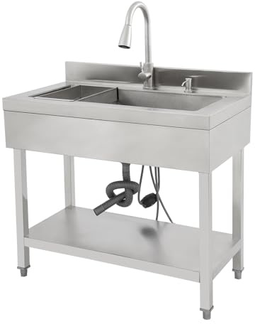 WooDerson Lavello da bagno in acciaio inox, autoportante, in acciaio inox, rettangolare, con 1 vasca, per ristoranti commerciali con rubinetto (argento, 90 x 60 x 80 cm)