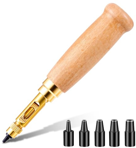 Wooden Handle Bookbinding Tool with 6 Tips, Adjustable Leather Hole Punch, Japanese Screw Punch, Belt Hole Puncher for Sewing Leather, Craft Puncher (1.5mm/2mm/2.5mm/3mm/3.5mm/4mm)