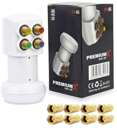 Premium X PXV-QS Quad LNB – 4-fack LNC-huvud med LTE-filter – 4 deltagare – SAT Digital DVB-S2 4K HD 3D – guldpläterade kontakter – vit – extra liten – inklusive 8X F-kontakt