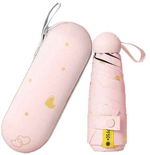 ZenyTra Compact Umbrella with Heart Design - Lightweight Mini Umbrella with Protective Cover for Men and Women, Portable and Stylish (Pink)