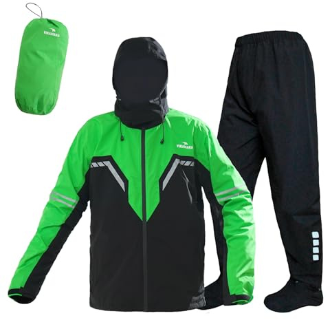 VIKAMAKA Tuta antipioggia impermeabile da uomo, leggera, giacca antipioggia e pantaloni, portatile, riflettente, per motociclismo, ciclismo, Verde, M