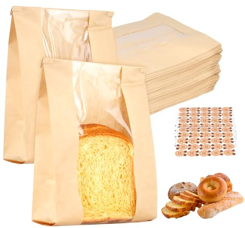NAMYEUT 100 stycken brödpåsar papper stor 35 x 21 x 9 cm, bruna papperspåsar med fönster, stor rostpåse brödpåse papper bagarpåse för bröd, limb, kex, presenter förpackning