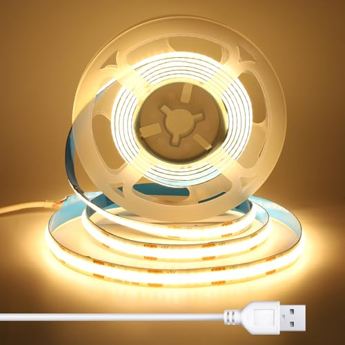 BERIXDEEP 2m COB LED Strip with 1.5m USB Cable, Warm White, 3000K | Dotless LED Strip Lights TV Backlight, Headboard, Under Cabinet, Self Adhesive LED Tape for Add Lighting, 8mm Wide, CRI 92