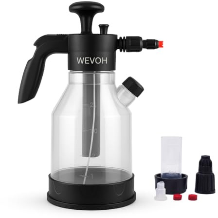 WEVOH Schaumsprüher Auto, Drucksprüher 2L – 2 Aufsätze für Schaum & Sprühnebel – mit Dosierbecher – professionelle Druck-Sprühflasche für Autoaufbereitung, Werkstatt, Garten & Haushalt