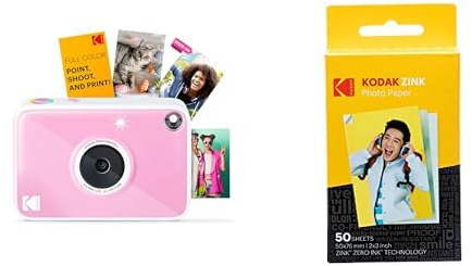 Kodak Printomatic+ Digitalkamera med direktutskrift (rosa) och Kodak 2ʺ x 3ʺ Premium ZINK-fotopapper, 50-pack