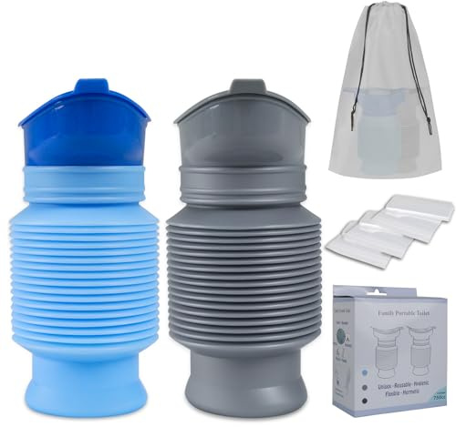 Orinatoio di emergenza pieghevole da uomo, con sacchetti di ricambio usa e getta, a prova di perdite, per uomini e donne, 750 ml, set di 2 bottiglie per urina, viaggi, ingorghi ed escursioni