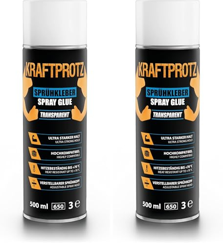 Colle en spray transparente 500 ml – KRAFTPROTZ ultra forte pour mousse, feutre, cuir, bois & caoutchouc – résistante à +70 °C – pulvérisation réglable – hautement compatible pour bricolage & DIY