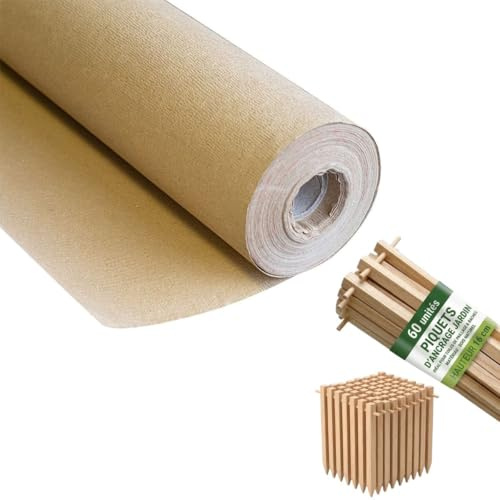 KZ Garden – Kit de tela de acolchado de papel Kraft 0,9 x 20 m + 60 estacas de madera, fijación con pajillaje autodegradable, antimalezas jardín