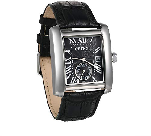 JewelryWe Vatertagsgeschenk Herren Armbanduhr Retro Kalender Analog Quarz Uhr mit Rechteckig Römischen Ziffern Zifferblatt und Leder Armband Schwarz