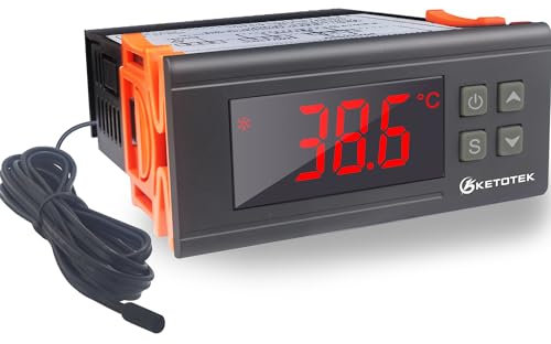 KETOTEK Controlador de Temperatura Digital, Termostato AC 220V 10A Calefacción y Refrigeración con Impermeable Sonda, LCD Display y 2 Relés Control de Temperatura para Incubadora Reptiles