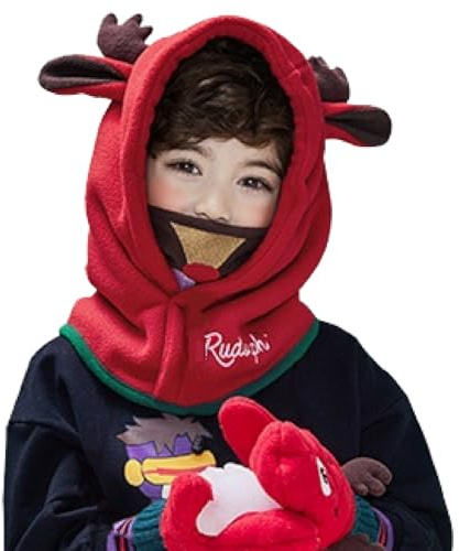 TRIWONDER Cagoule Enfant Polaire Hiver Cache Cou Bonnet Écharpe Chapeau Tour de Cou Animal Mignon Coupe-Vent pour Garçon Fille (A - Rouge - Wapiti)