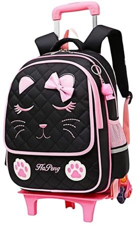 Cute Rolling Backpack for Girls Trolley School Bags Cat-face Bowknot Girls Backpacks with Wheels Kids Carry-on Travel Luggage Black-6 Wheels