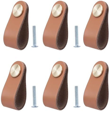 BOOLSFMAM 6 stycken läderhandtag för möbler, 6,4 x 2,5 cm handgjorda handtag möbelknoppar läder möbelhandtag, lådhandtag skåpknoppar för köksskåp, garderob