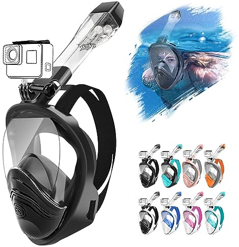 HINATAA Maschera Subacquea,Doppia Palla Galleggiante Maschera Snorkeling,180° Anti-Nebbia Leak Proof Maschera Facciale Integrale Snorkeling,Fotocamere Compatibili Bambini,Adulti (Nero, S/M)