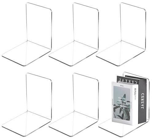 HOMURY Acryl-Buchstützen: 6 Stück Hochwertige Transparente Acrylbuchstützen, rutschfeste Buchstütze Heavy Duty Book Ends, Bücherständer für Regal, Bibliothek, Schule, Büro, Schlafzimmer (Transparent)