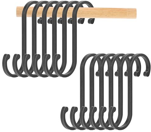 TEKONDA Lot de 12 crochets de cuisine en aluminium noir pour tringle à vêtements, cuisine, garde-robe, jardin, salle de bain, chambre à coucher