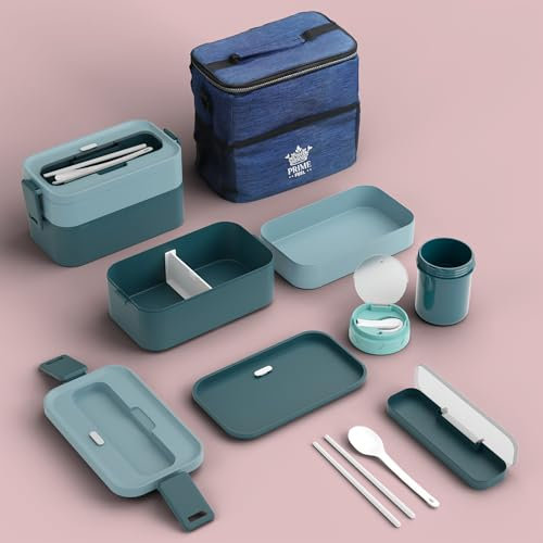 PRIME FEEL 2 Tier (1600ml) Lunch Box Bento Box with Lunch Bag | Cutlery, Adjustable Compartments for Adults and Kids, Portable Leakproof Food Container for Work and School