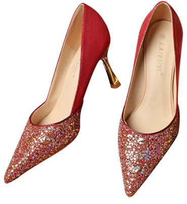Glitter Pumps Pointed Toe Shoe Stiletto High Heel Comfortable Evening Shoes 7.5 cm Casual Office Shoes Dress Shoes, red, 10 UK