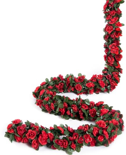 Weldomcor 8 Pezzi da 2,45 m Artificiale Ghirlanda di Fiori Rosso Rosa Viti Fiori di Seta Appesa Rattan Ghirlanda All'aperto Decorazione Per Arco di nozze Camera da Letto Casa Giardino Decorazione