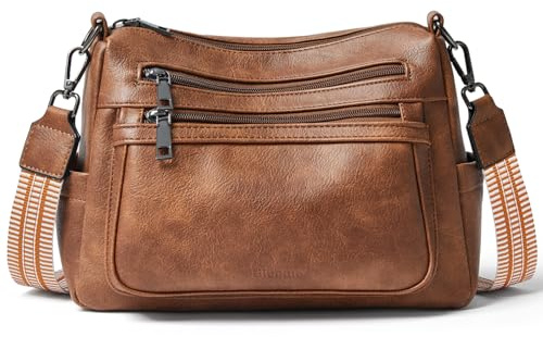 Bluome Cross Body Bag Purses for Women, Vegan Leather ladies Handbags Multi Pocket Soft Shoulder Hobo Bag with Guitar Strap, Brown