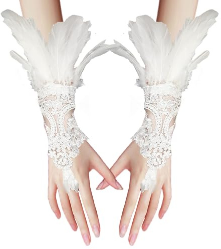 Gants de Plume Halloween Femme, Gothique Gants Dentelle Rétro Manchette Plume Poignet Sans Doigts Gants Plume pour Décoration de Costumes, Jeux de Rôle d'Halloween, Fêtes, Mariages (Blanc)