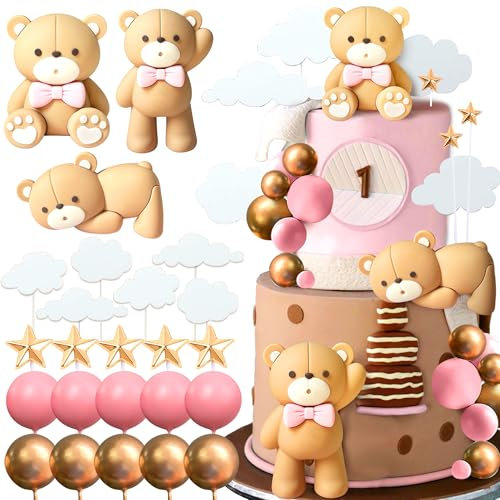 JeVenis Teddybär Tortendeko für Mädchen - Taufe, Geburtstag & Party - Rosa Kuchen Dekoration für Hochzeit & Babyshower
