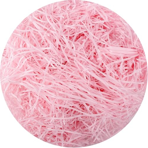 yumcute 200g Raffia Shredded Tissue Paper Filling Material for Packages, Gift Filling Paper Shredded Raffia, Filling Material for Gift Boxes/Baskets, Party Hamper, Gift Wrapping Decoration (Pink)