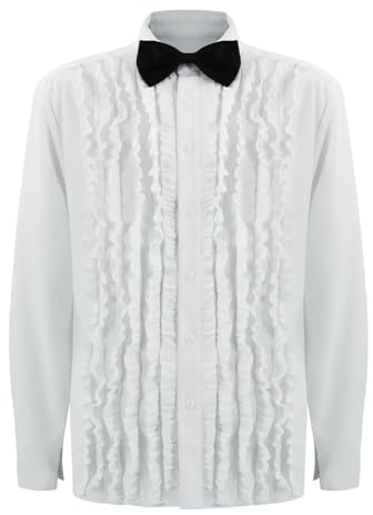 Camicia da smoking da uomo anni '70 e '80 con volant e papillon a maniche lunghe, costume per feste di Halloween, bianco, L
