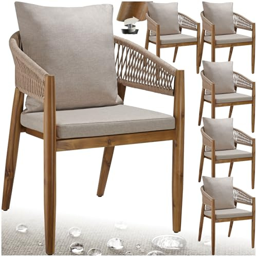 tectake® Set di 6 Sedie da Giardino, Poltrona Design a Corda, Sedia Struttura in Acacia, Cuscini Spessi e Super Morbidi, Rivestimenti Idrorepellenti e Lavabili, Piedini Regolabili in Altezza - Sabbia